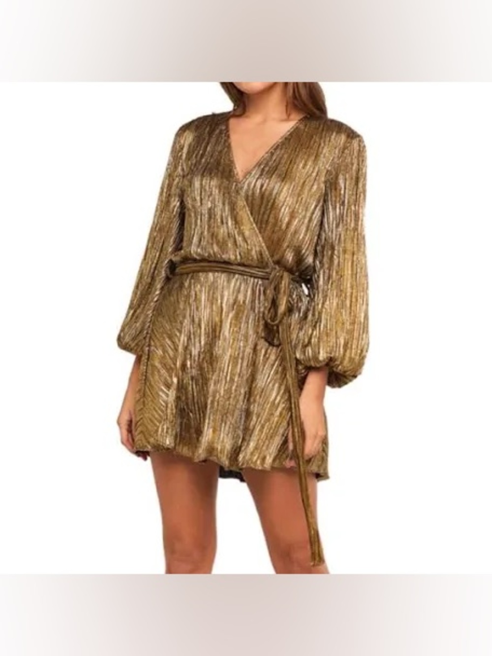 Bardot Belissa Long sleeve Pleat Balloon sleeve v neck mini Dress Gold 4